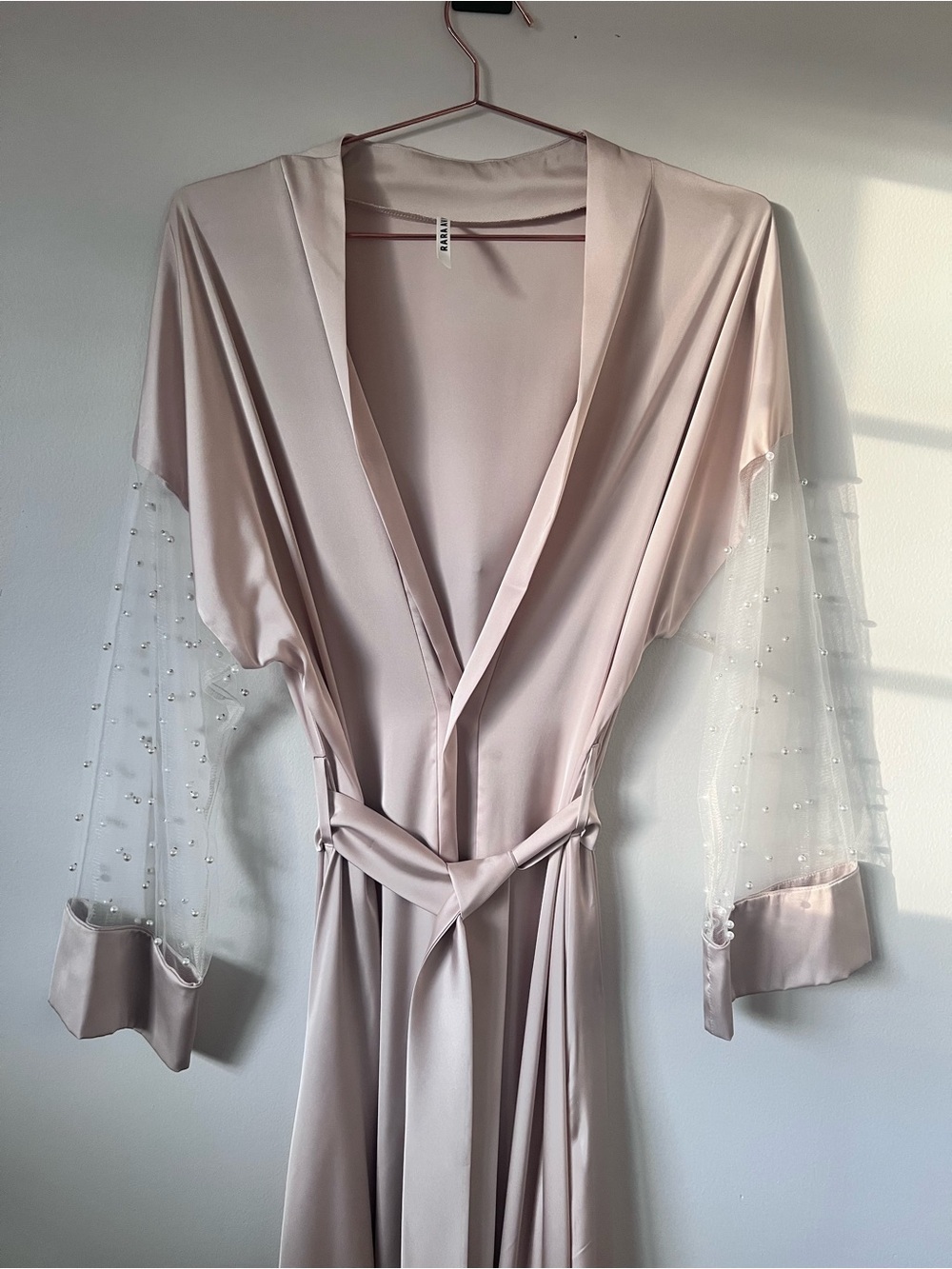Bridal Satin Robe with Sheer Pearl-Embellished Sleeves - Powder Pink